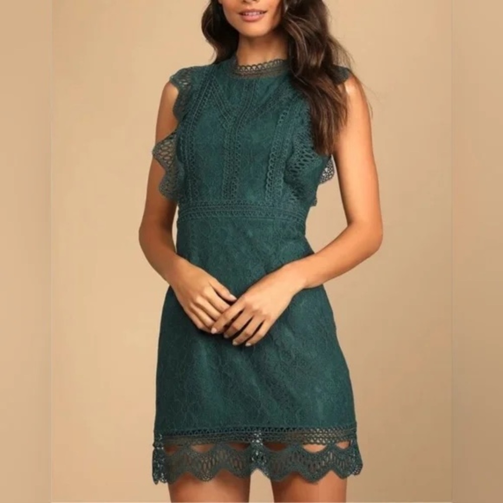 Lulu’s My Sweatheart Dark Teal Green Lace Mini Dress Size S